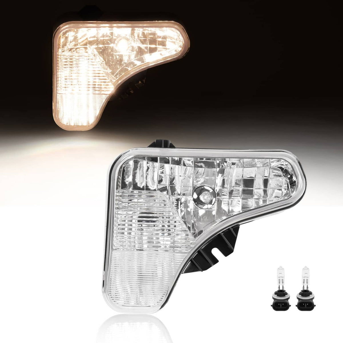 Right headlight lamp with clear lens, chrome reflector, and two included bulbs