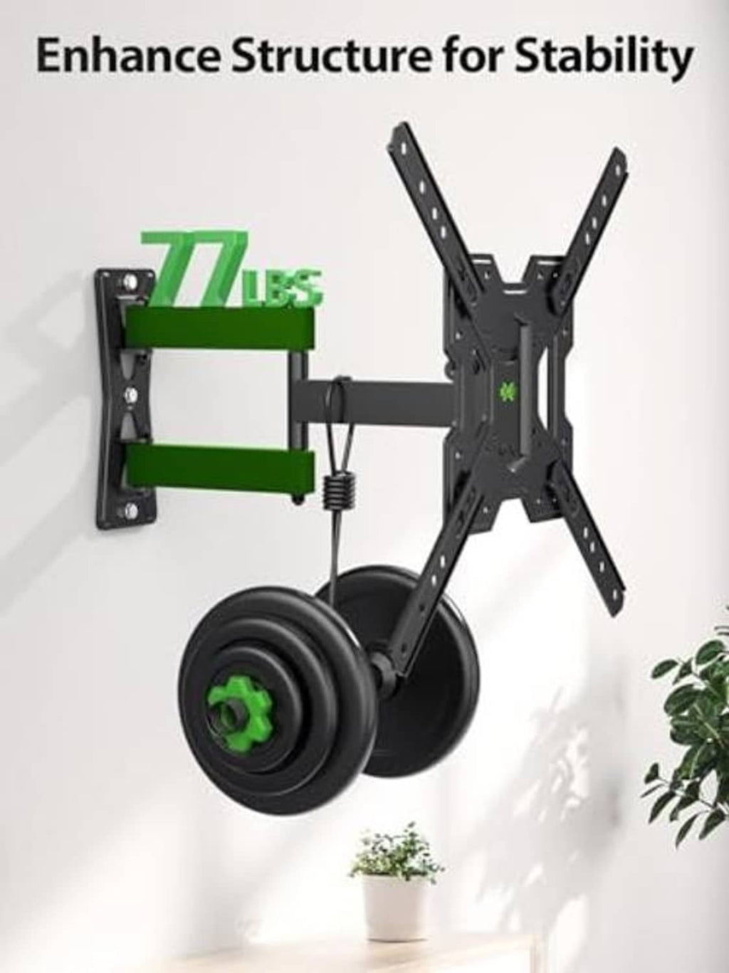 Black full-motion TV wall mount with stabilizing structure and spring tension