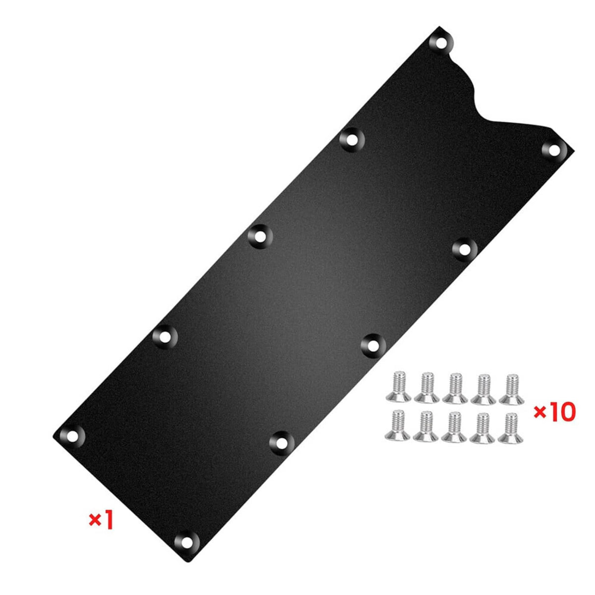 Black billet aluminum valley pan cover plate with mounting holes and included bolts
