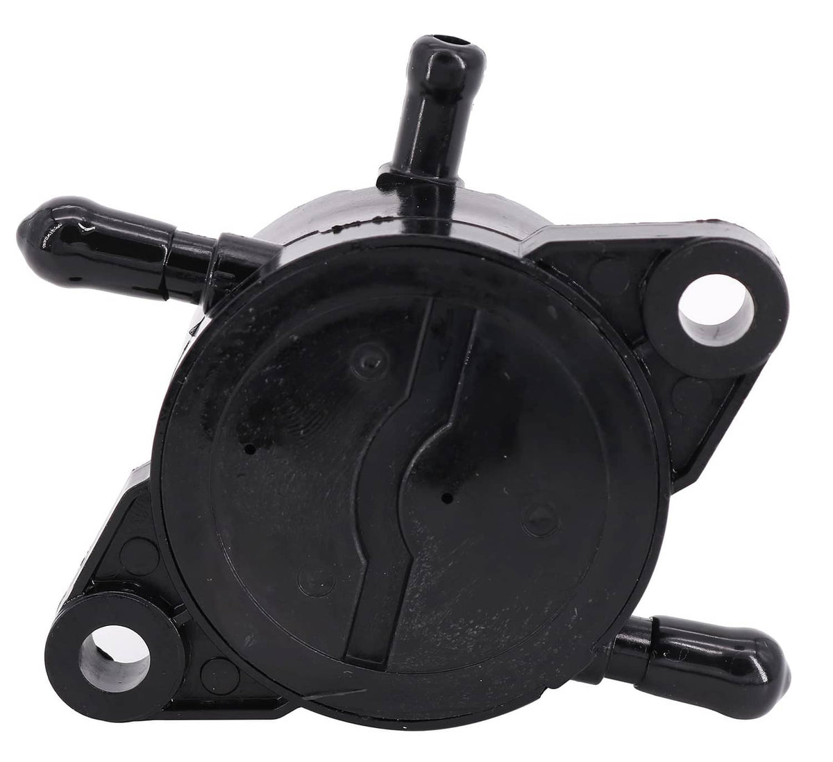 Black fuel pump with circular cover, mounting holes, and hose connection ports