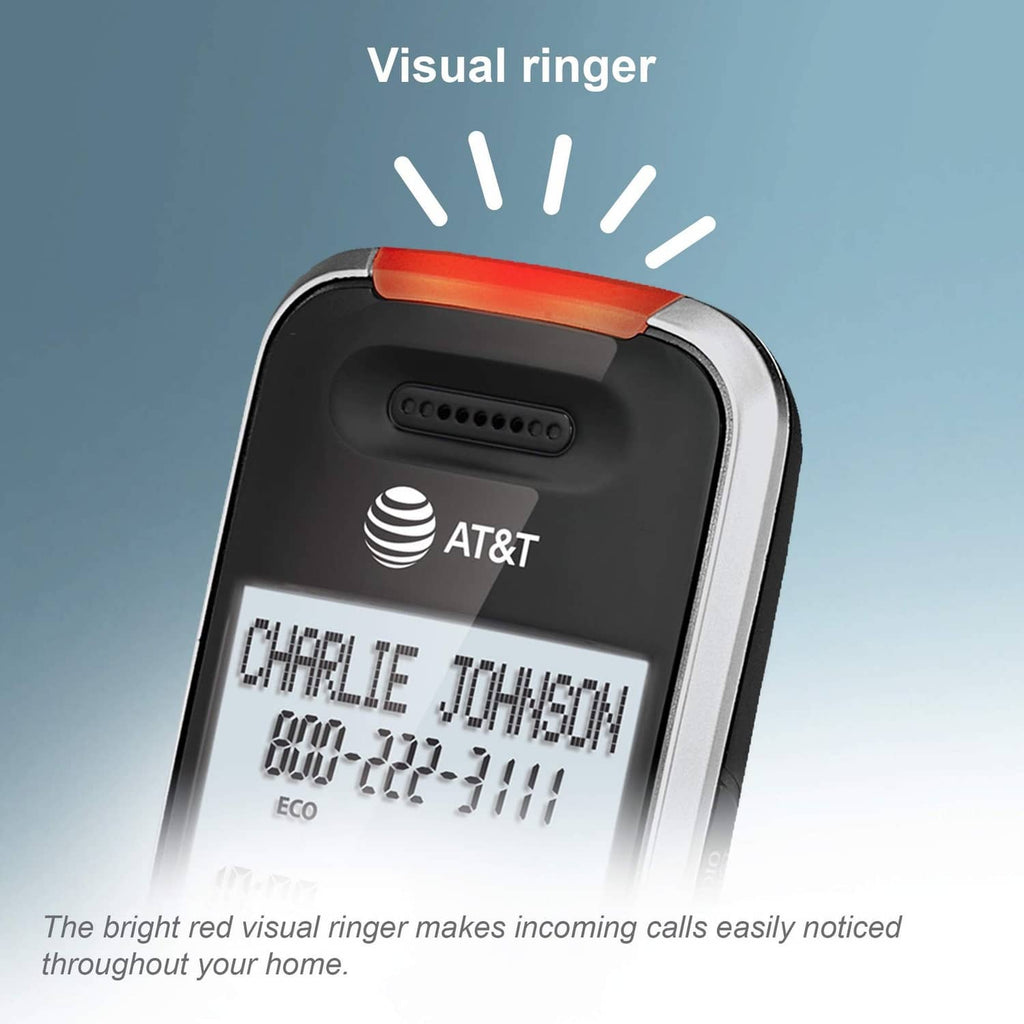 Black cordless phone handset with red visual ringer at top and display panel