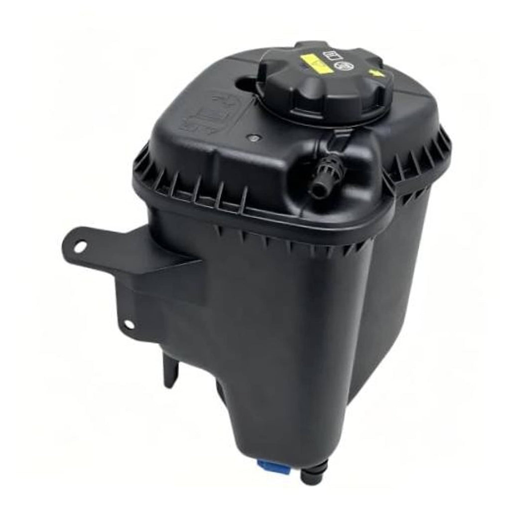 Engine coolant reservoir tank with cap and sensor, black plastic with mounting bracket