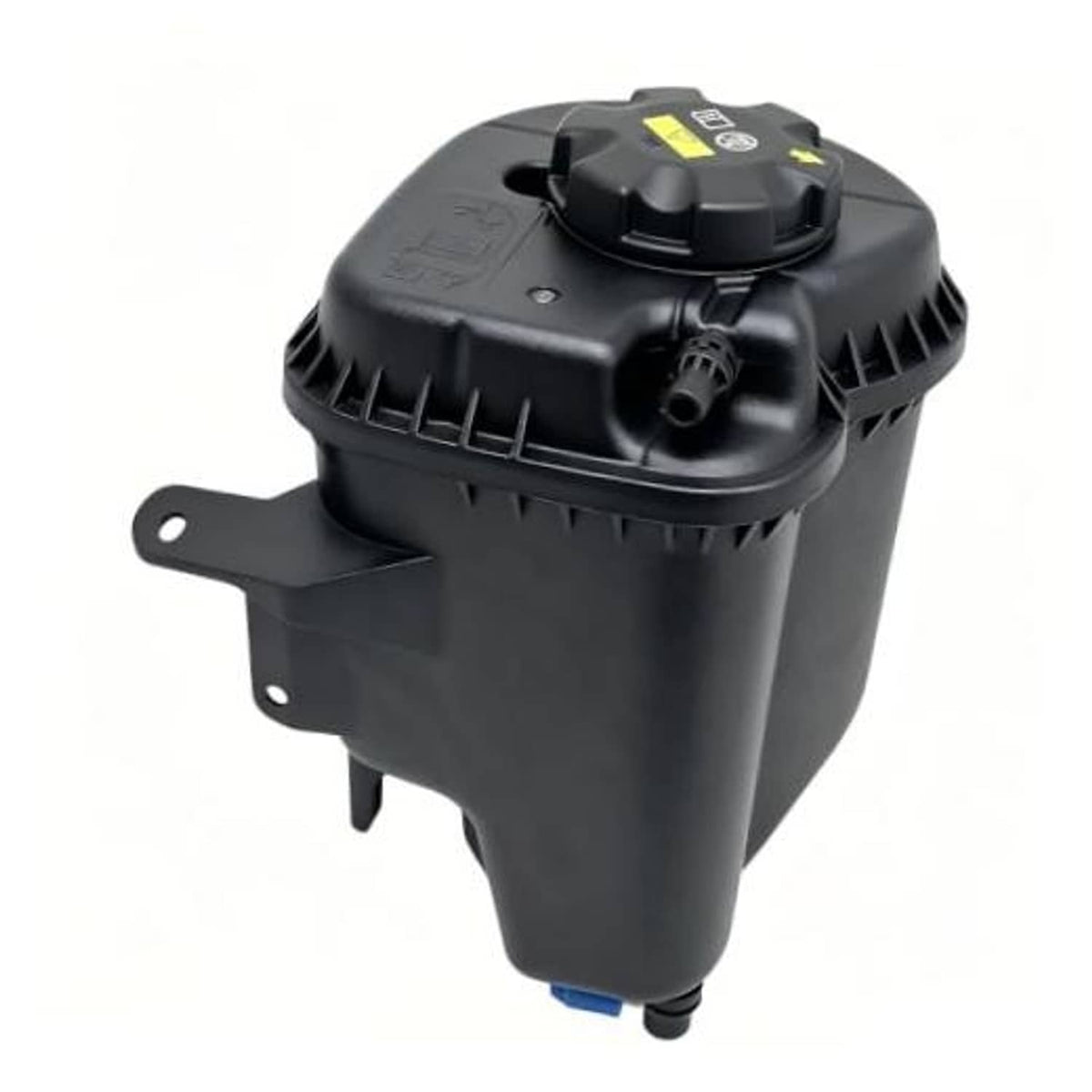 Engine coolant reservoir tank with cap and sensor, black plastic with mounting bracket