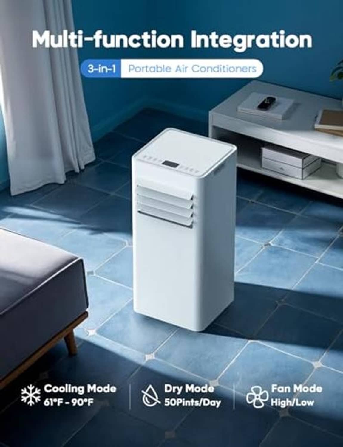 White portable air conditioner on tiled floor, front view