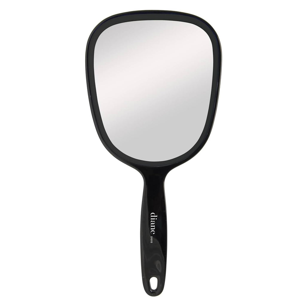 Black single-sided handheld magnifying mirror with oval glass and loop handle