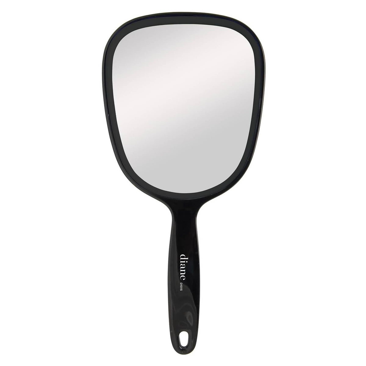 Black single-sided handheld magnifying mirror with oval glass and loop handle