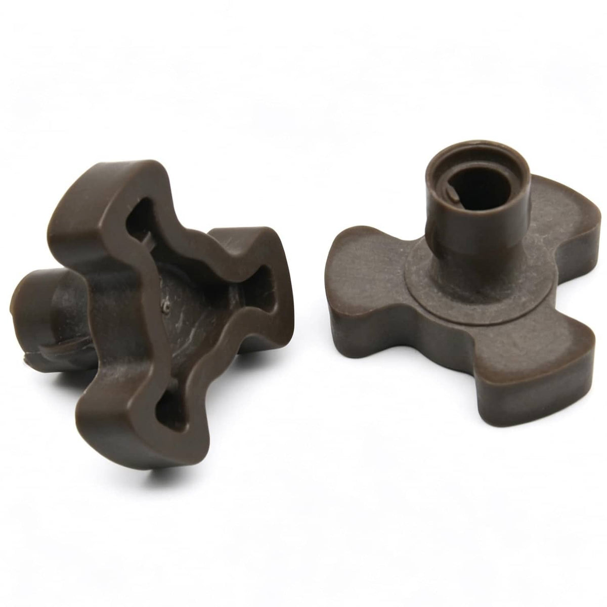 2 microwave turntable coupler shafts, gray plastic with different orientation hubs