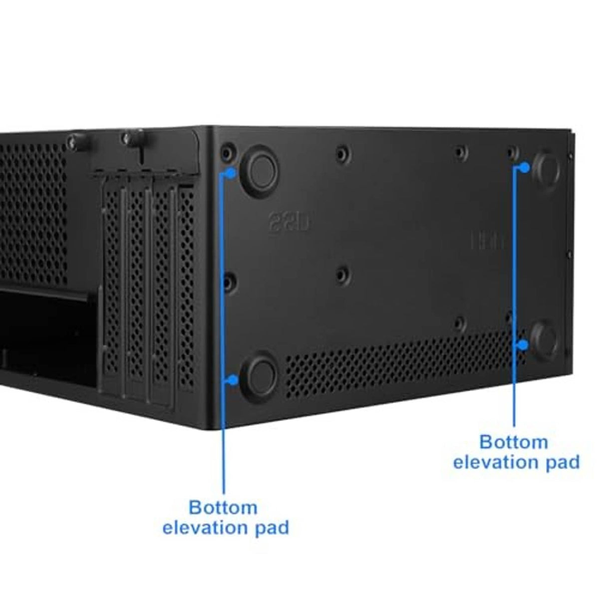 Black PC case rear panel with bottom elevation pads for airflow clearance