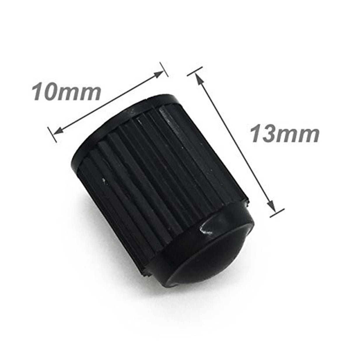 Black ribbed plastic valve stem cap, 10mm diameter and 13mm height