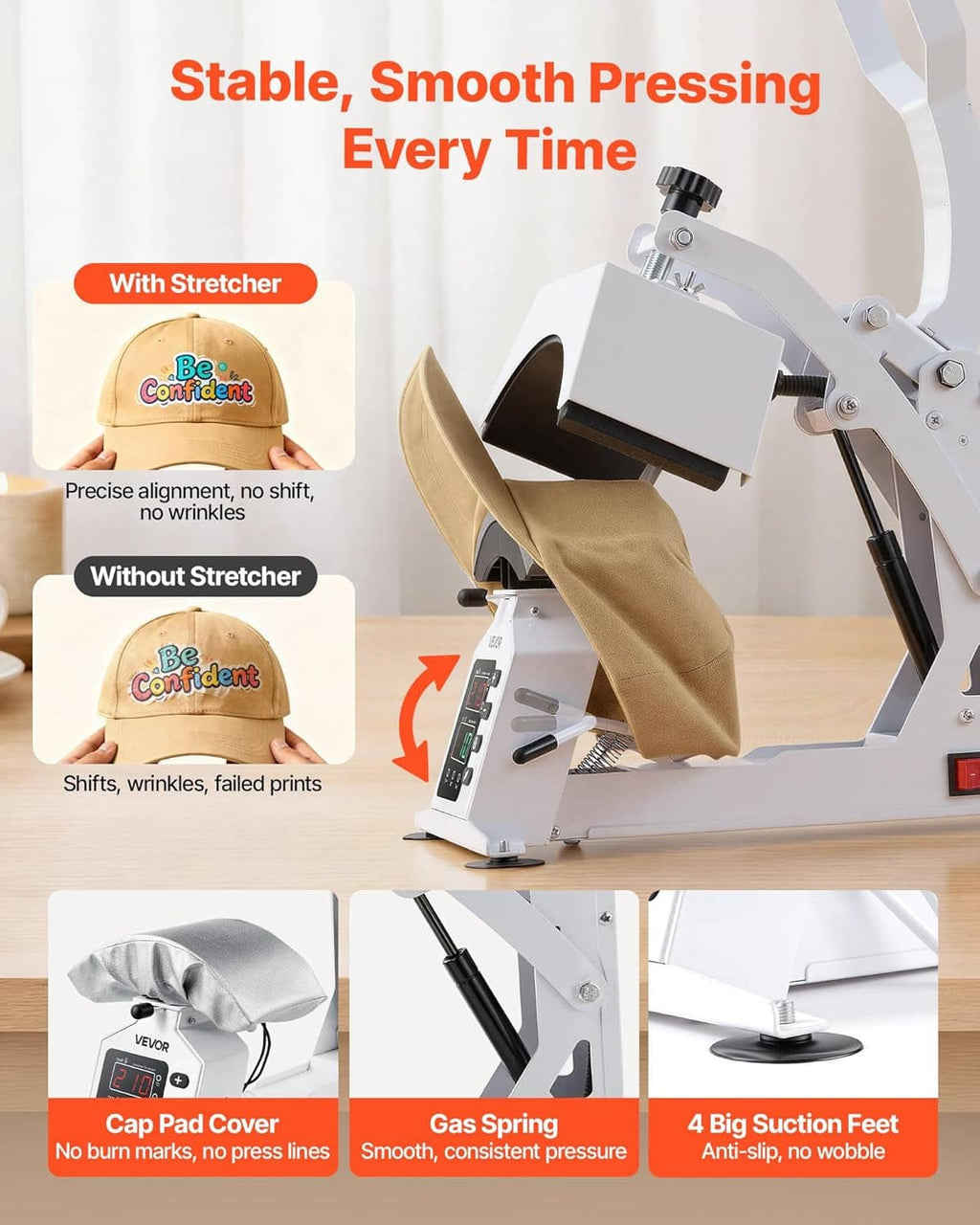 Hat heat press with cap stretcher, suction feet, and cap pad cover