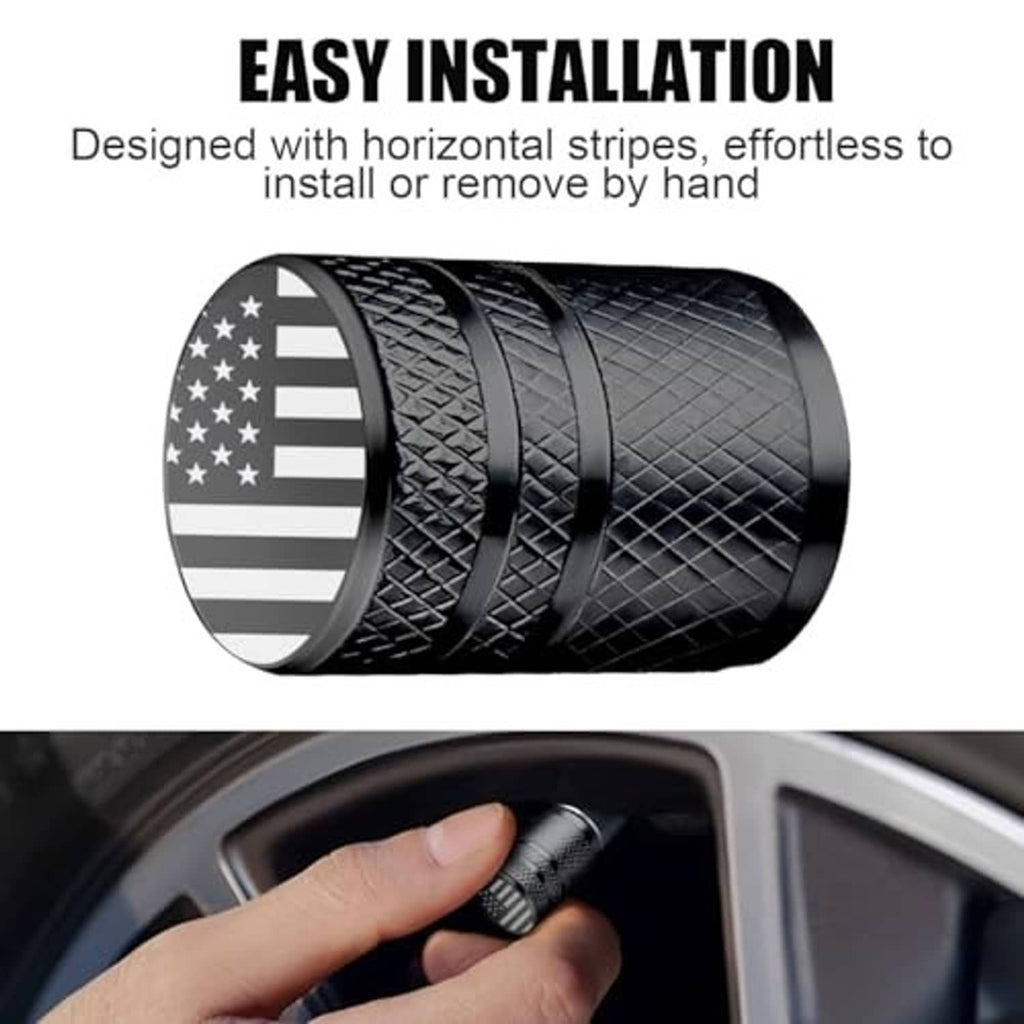 Black aluminum valve stem cap with American flag top, horizontal stripe texture