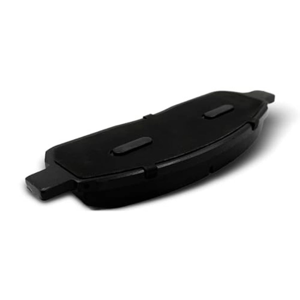Ceramic brake pads with black backing plate and mounting features, side view