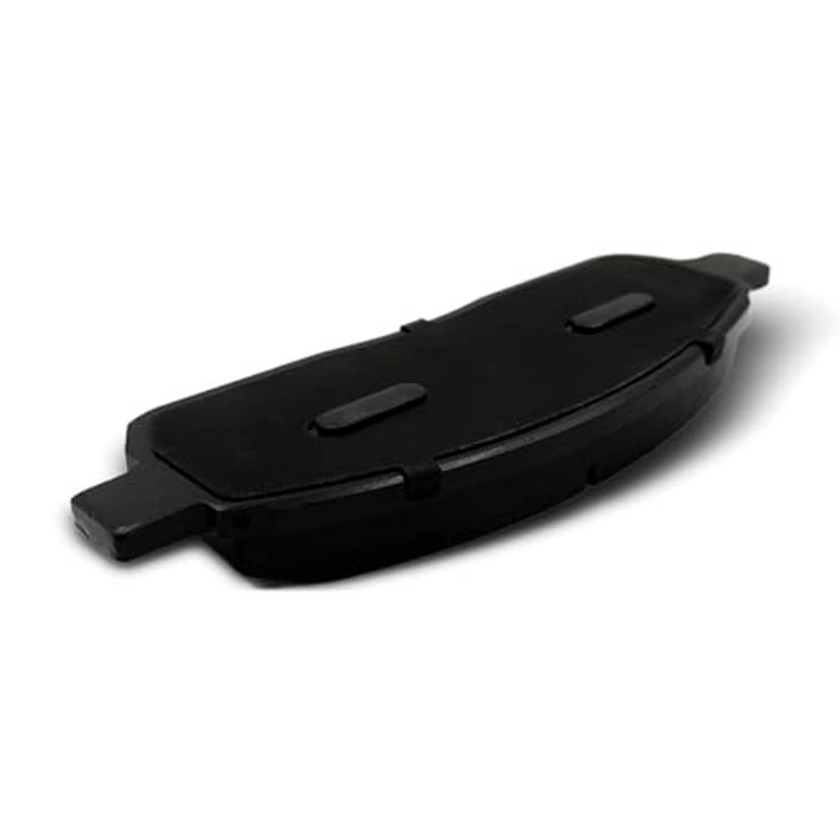 Ceramic brake pads with black backing plate and mounting features, side view