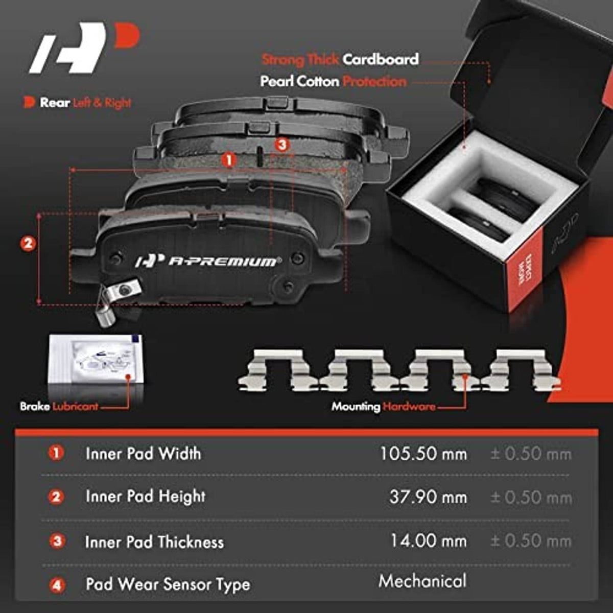 Rear ceramic brake pad set with mechanical sensor, hardware, shims and lubricant