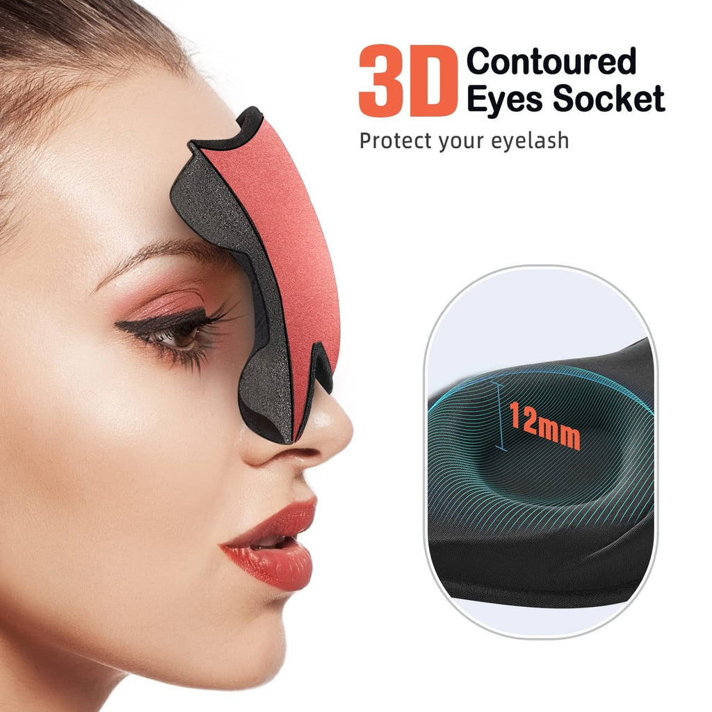 Coral red contoured sleep eye mask with 3D eye socket curve and eyelash protection