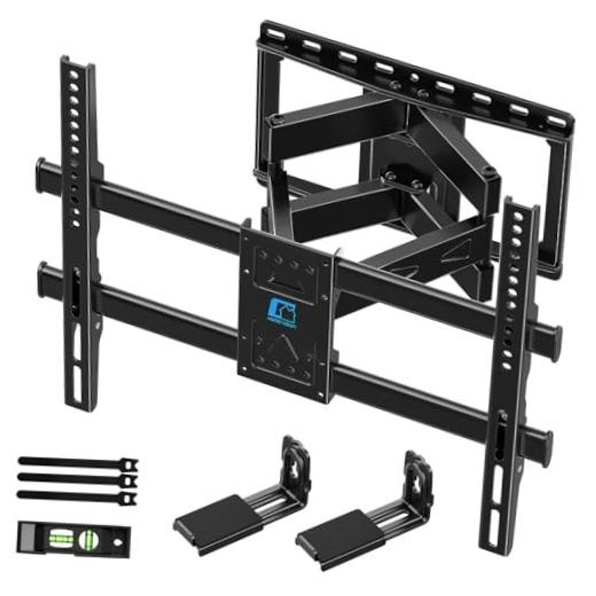 Black full-motion TV wall mount bracket with long support arms and mounting plates