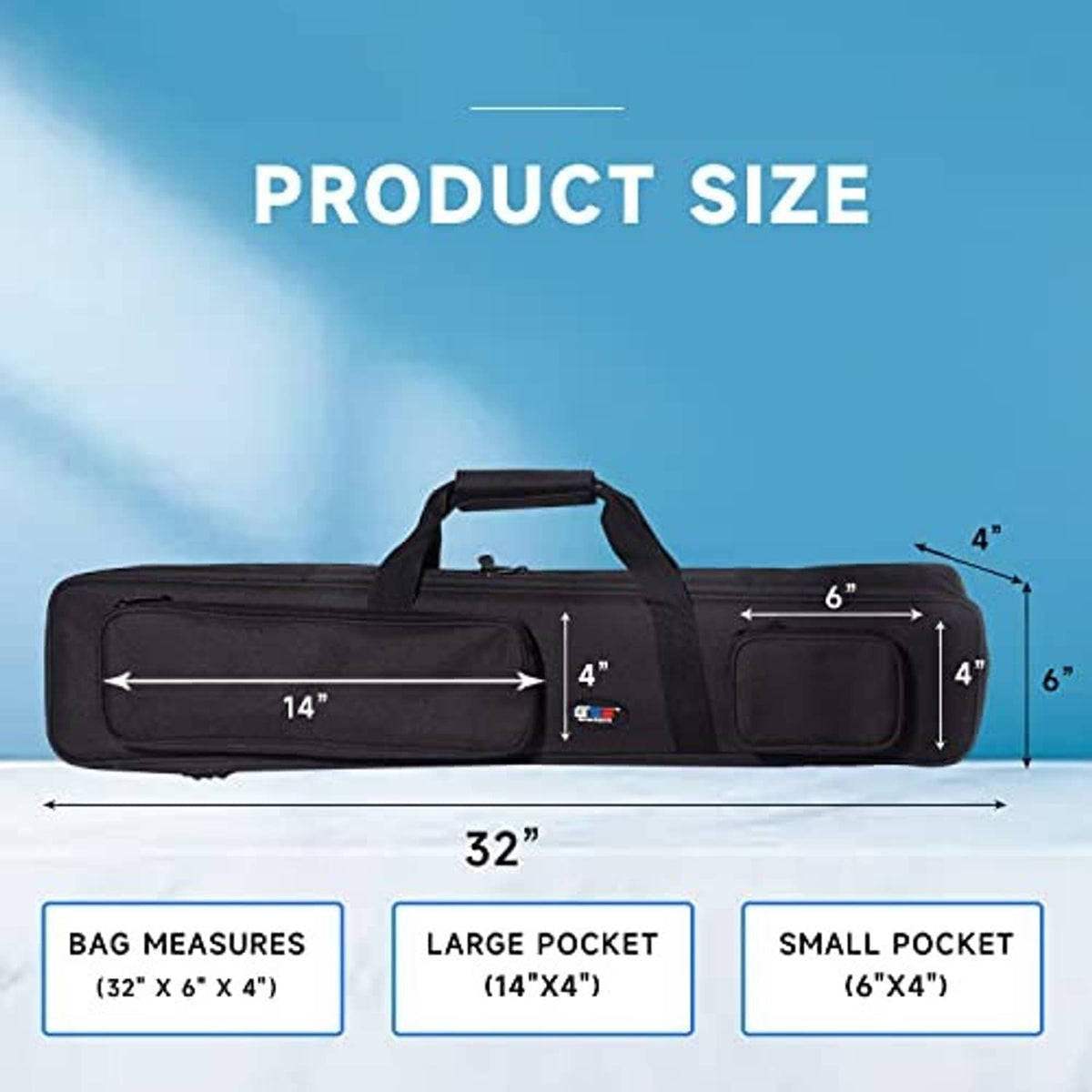 Black soft pool cue case shown with size guide for length and pocket dimensions