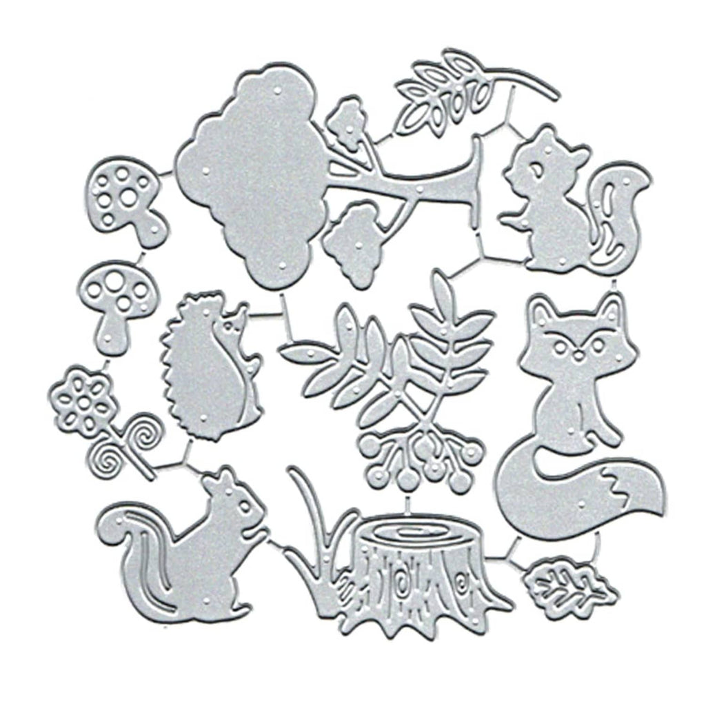 Forest animal metal die cuts set with silver fox, hedgehog, tree, leaf and mushroom shapes