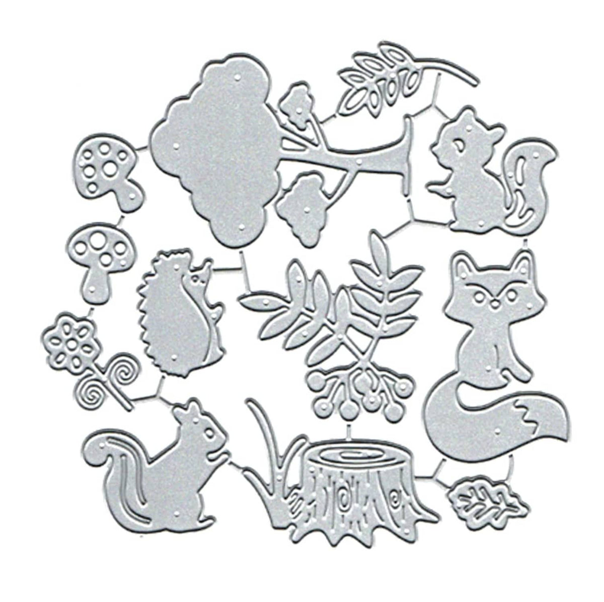 Forest animal metal die cuts set with silver fox, hedgehog, tree, leaf and mushroom shapes