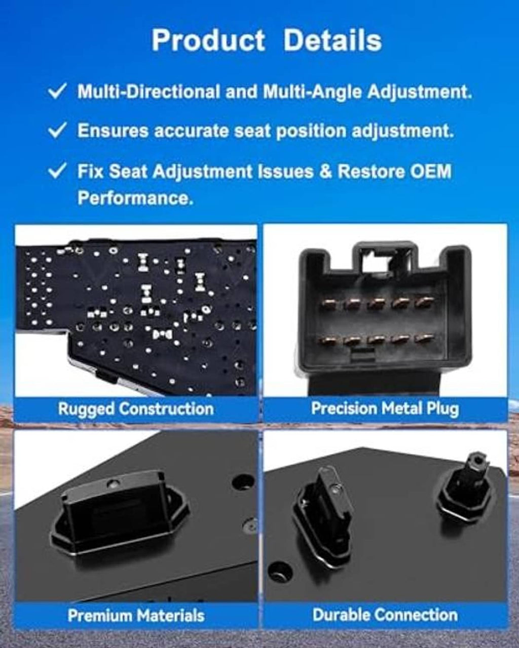 Power seat adjust switch with rugged panel texture and metal plug pins