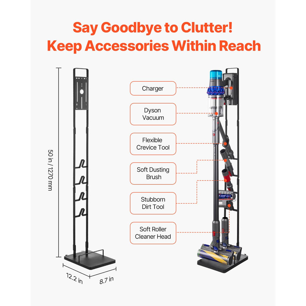 Vacuum stand with base and upright rack for storing vacuum tools and accessories