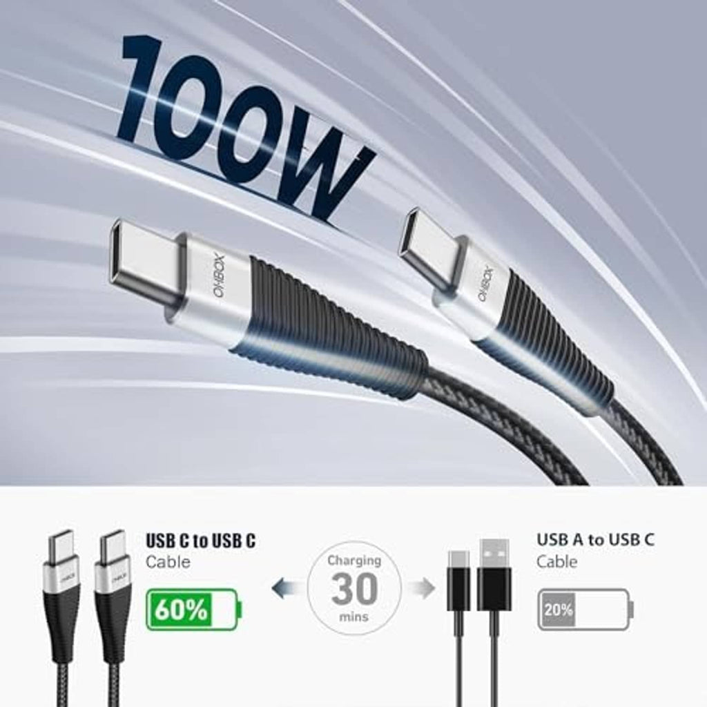 15FT black USB-C to USB-C charging cable with silver connectors and braided texture.