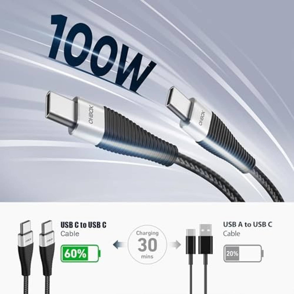 15FT black USB-C to USB-C charging cable with silver connectors and braided texture.