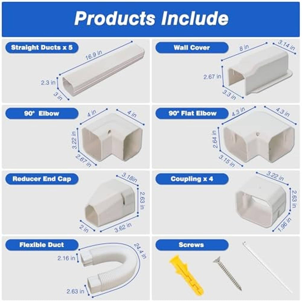 Mini split line set cover kit parts: straight duct, wall cover, elbows, coupling, reducer, screws