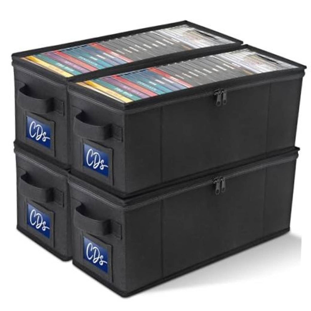 Black foldable CD storage box with clear window and two side pocket labels, zipper closure
