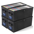 Black foldable CD storage box with clear window and two side pocket labels, zipper closure