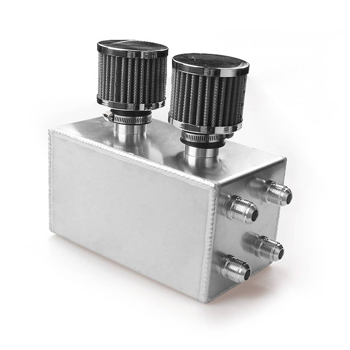 Oil catch can with two filter-style caps and three side outlet fittings, silver metal housing