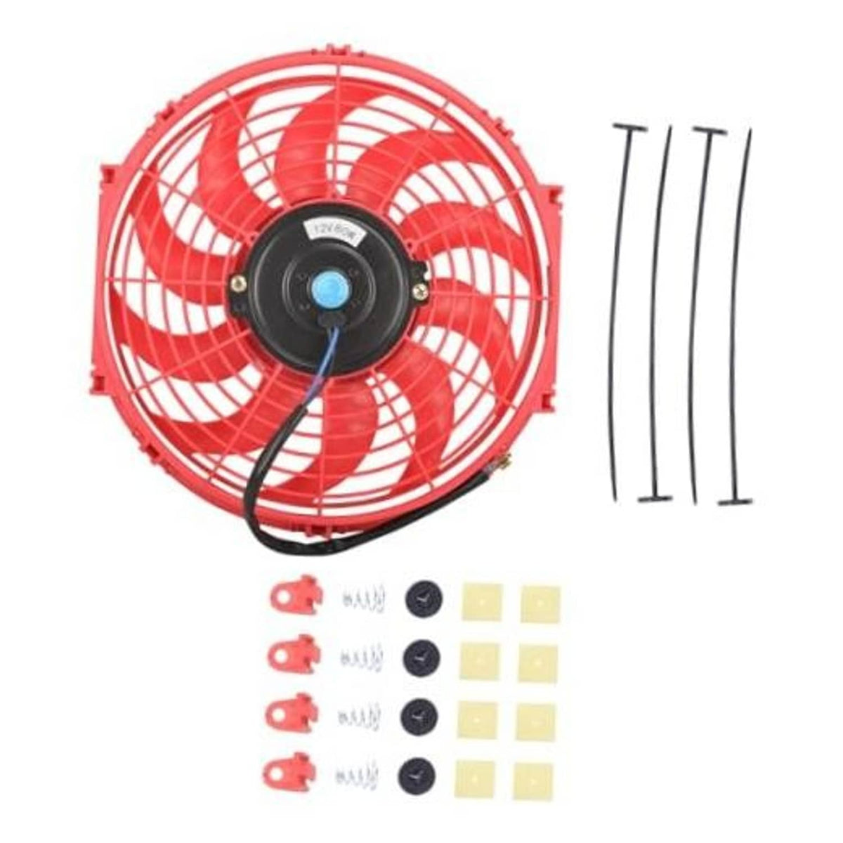 Red 12 inch electric radiator cooling fan with black motor hub and grille