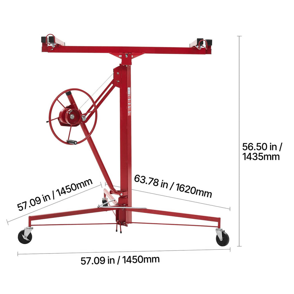 Red drywall lifter hoist frame with telescoping crossarms and caster wheels