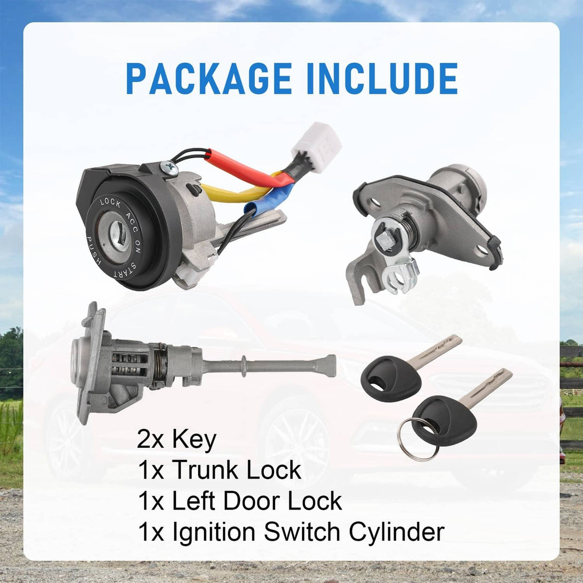 Package includes ignition switch cylinder, trunk lock, left door lock, and two keys