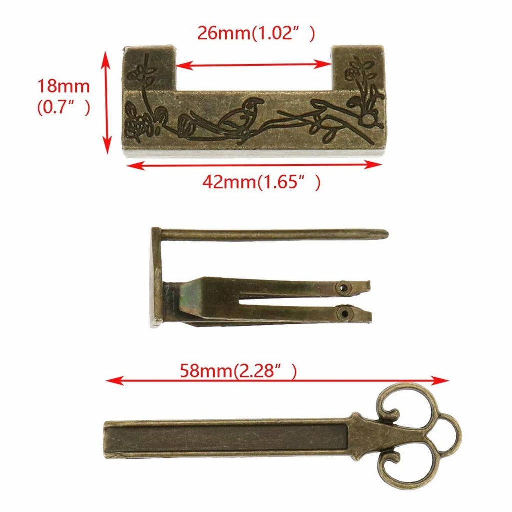 Bronze padlock with bird-and-flower engraving shown with size measurements diagram