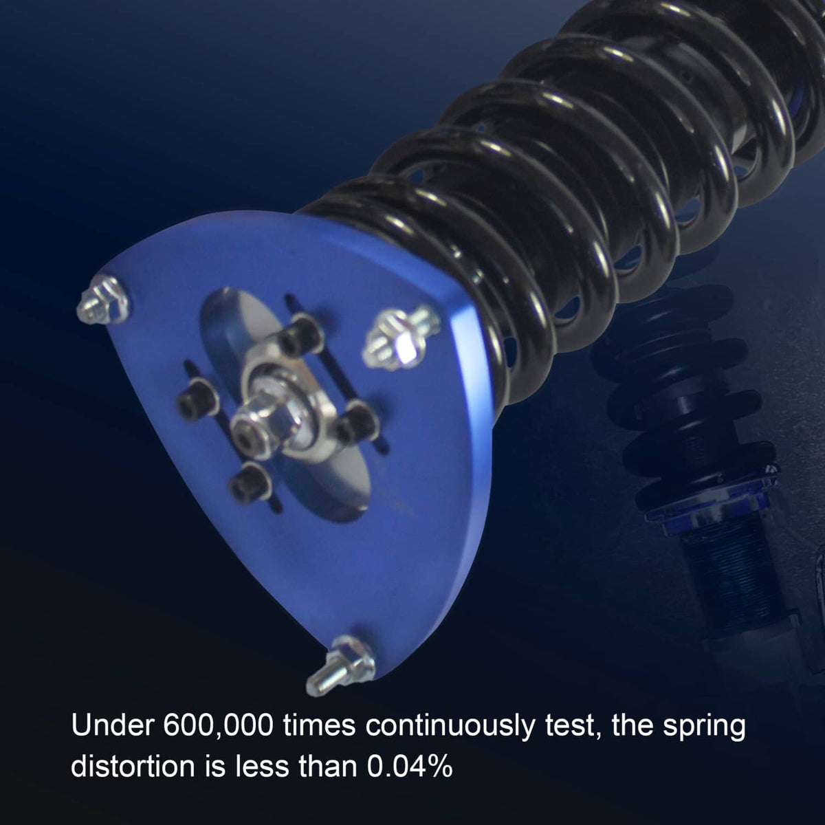 Close-up blue spring seat on a coilover strut with bolts and black spring coils