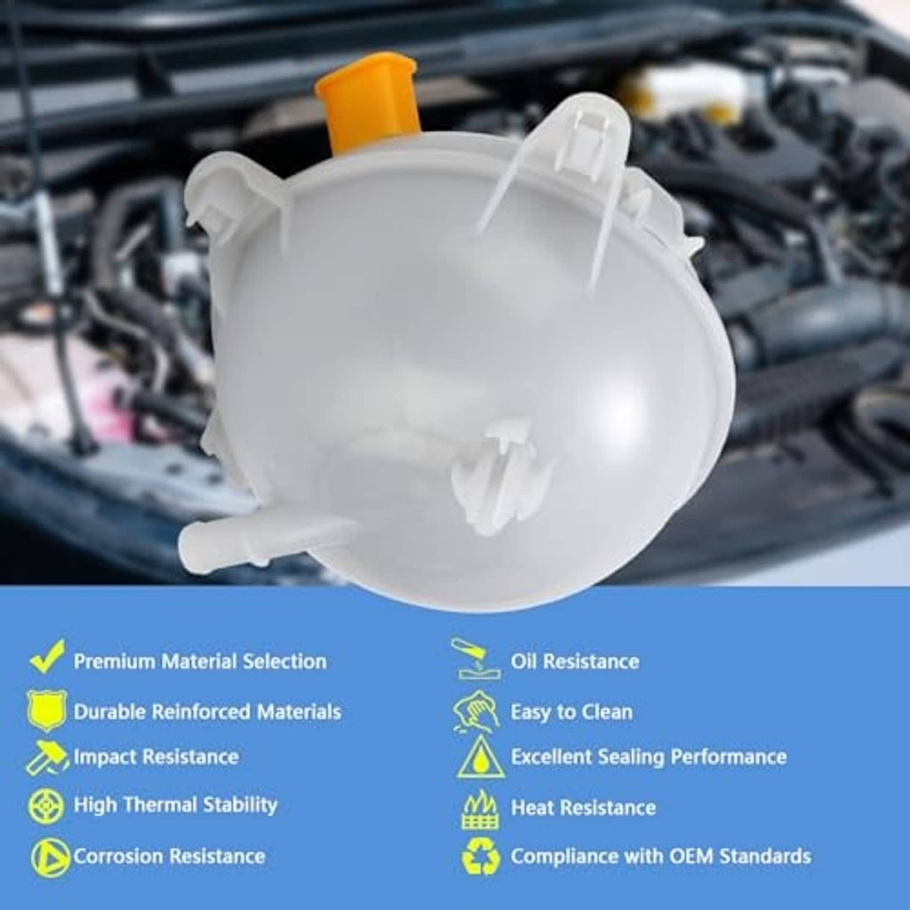 Engine coolant reservoir tank, white plastic with orange top nozzle and side fittings.