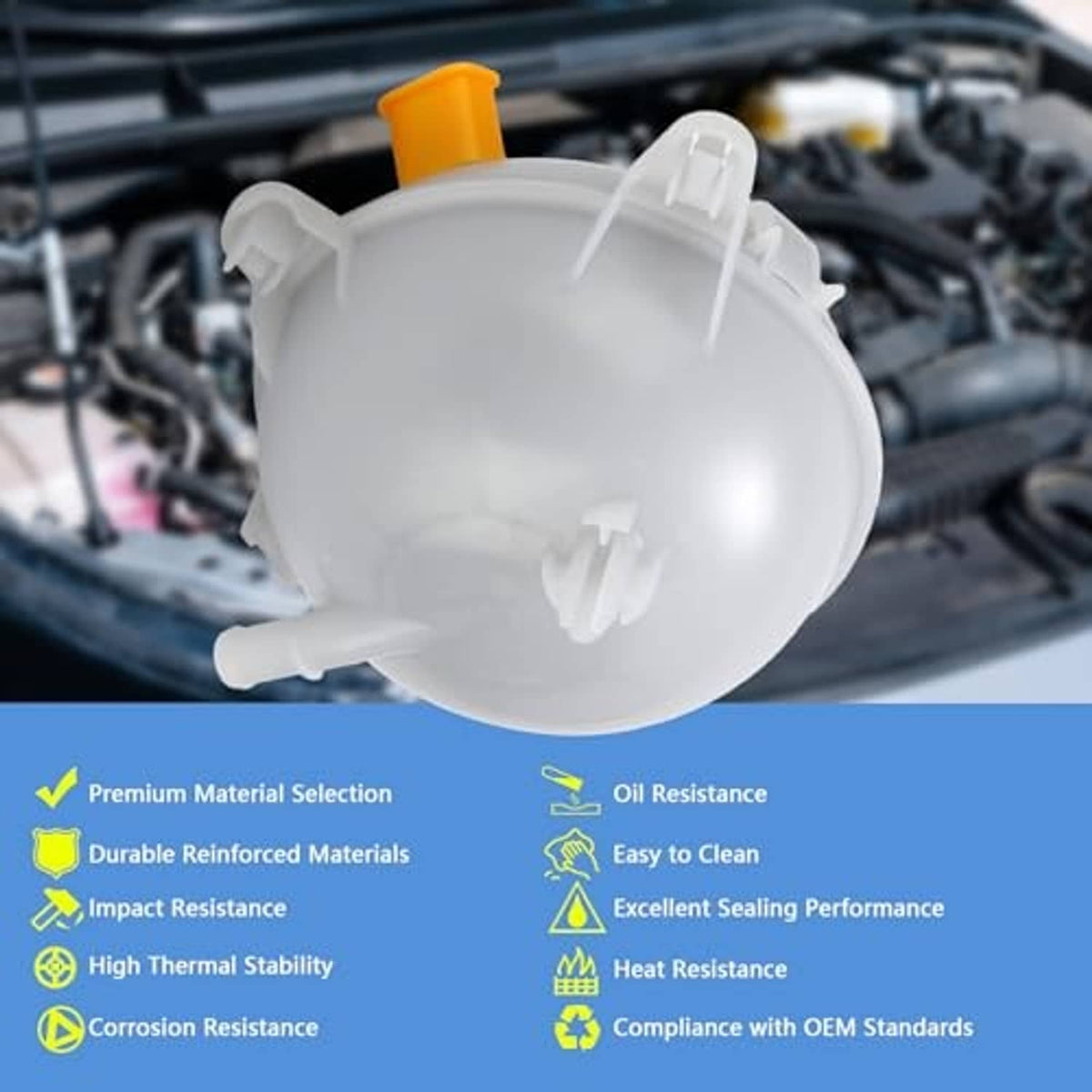 Engine coolant reservoir tank, white plastic with orange top nozzle and side fittings.