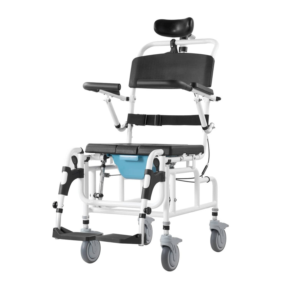 Shower commode wheelchair with black backrest, armrests, blue commode pan, and footrests