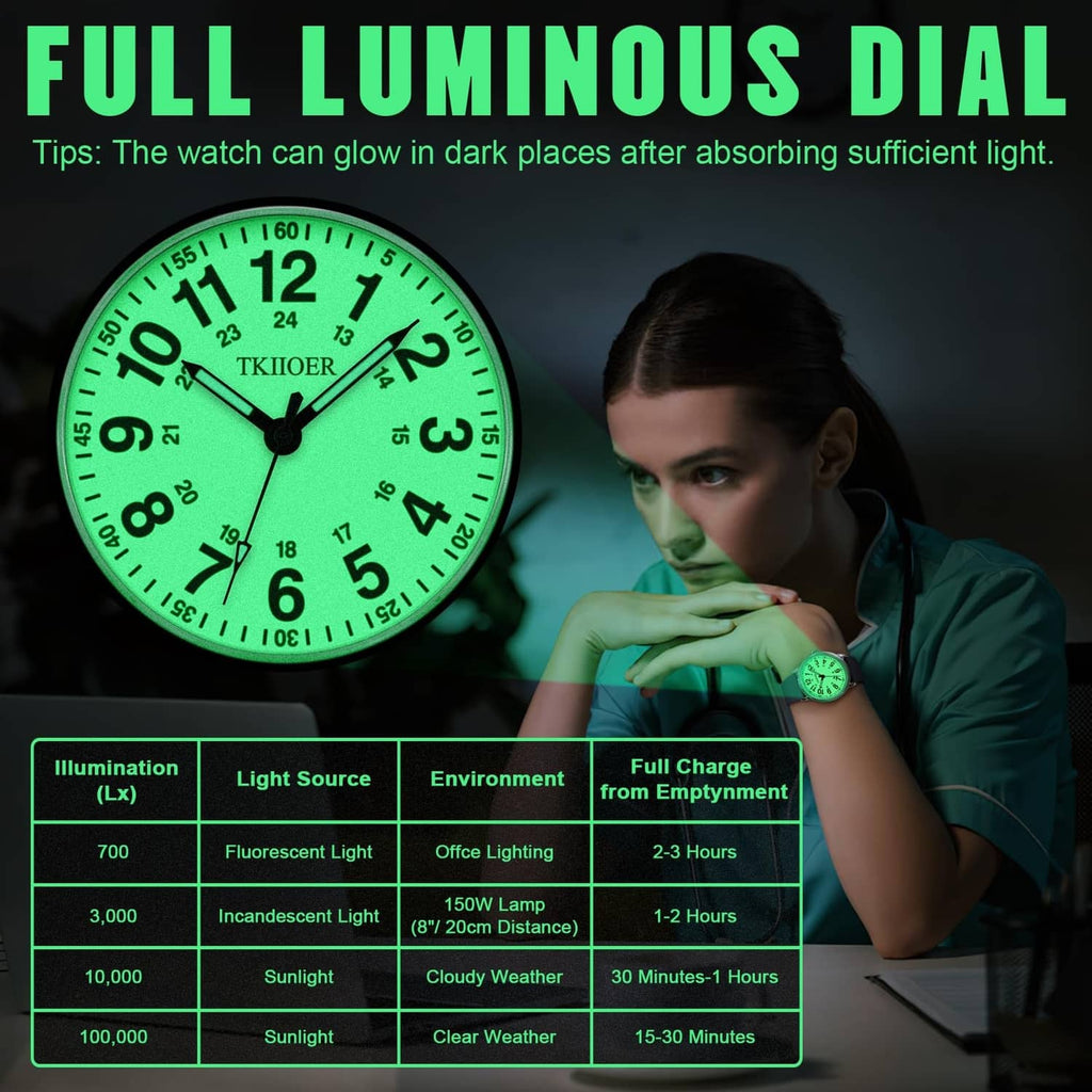 Analog watch with glowing green luminous dial, red second hand, navy silicone strap