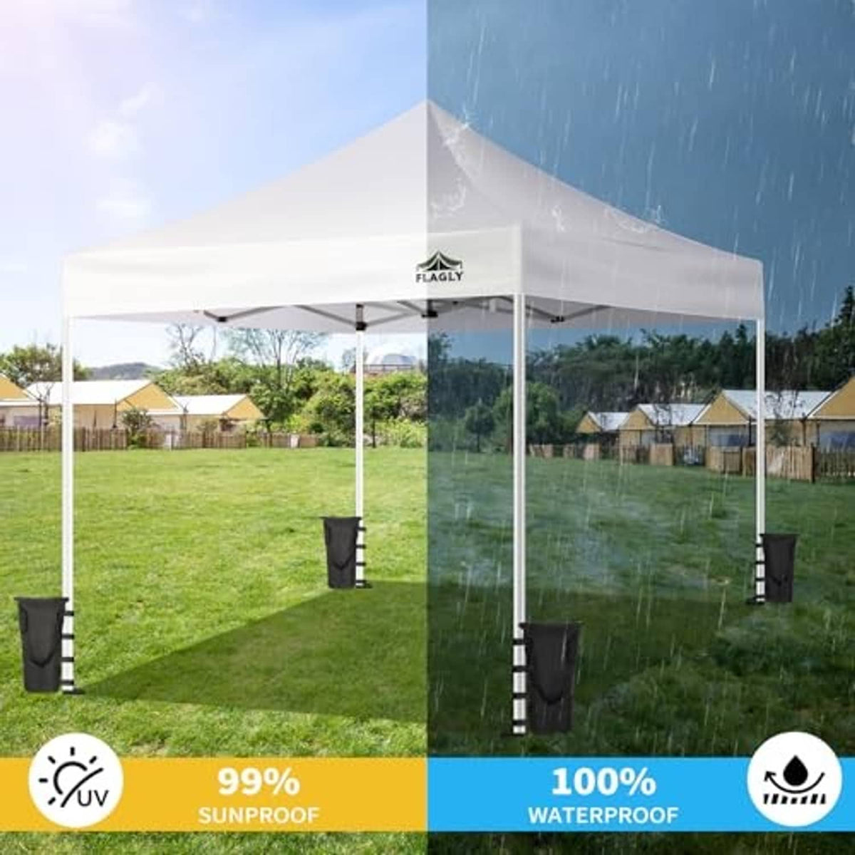 White canopy replacement top outdoors with corner weight bags and tent frame