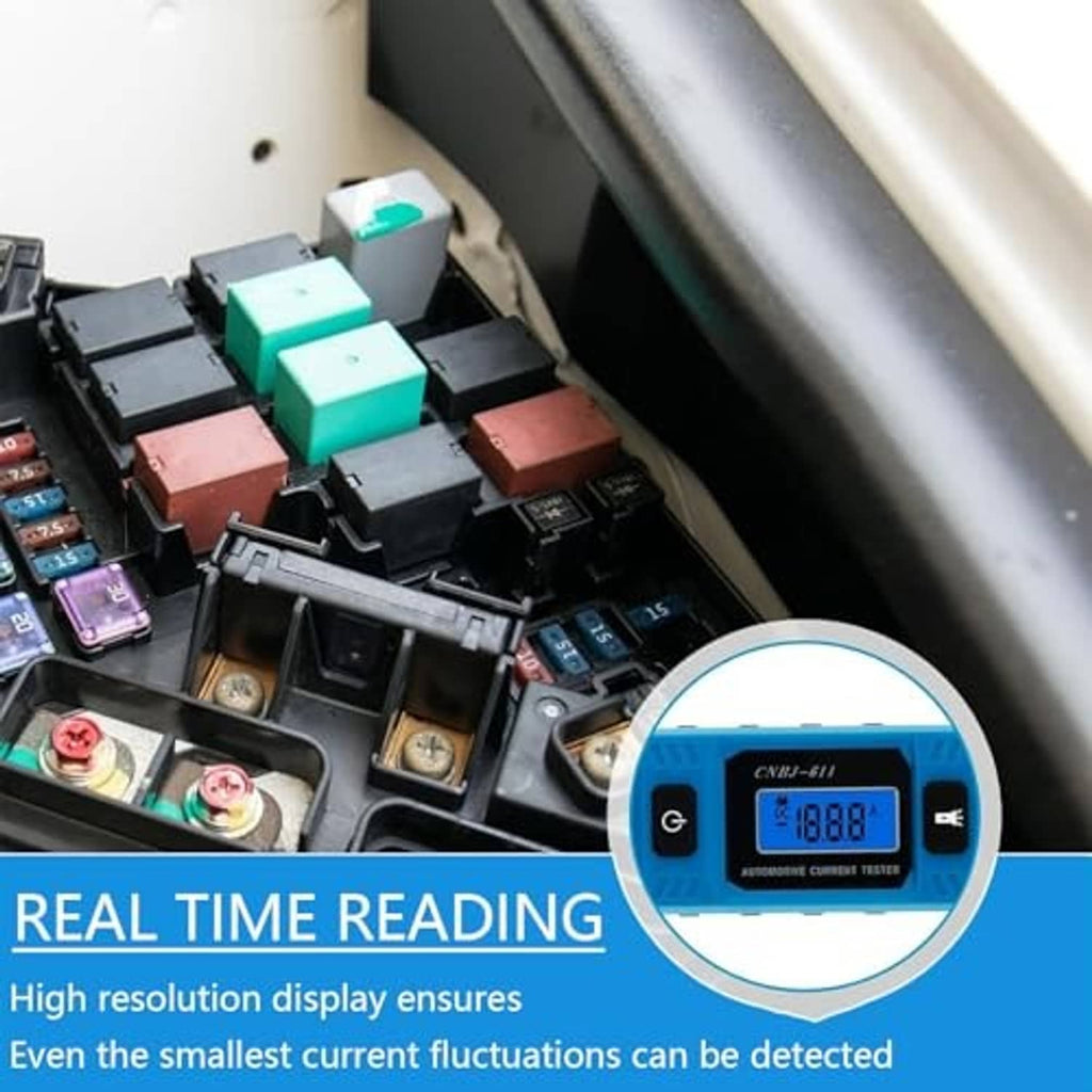 Blue automotive current tester with LCD screen and probe leads near car fuse area