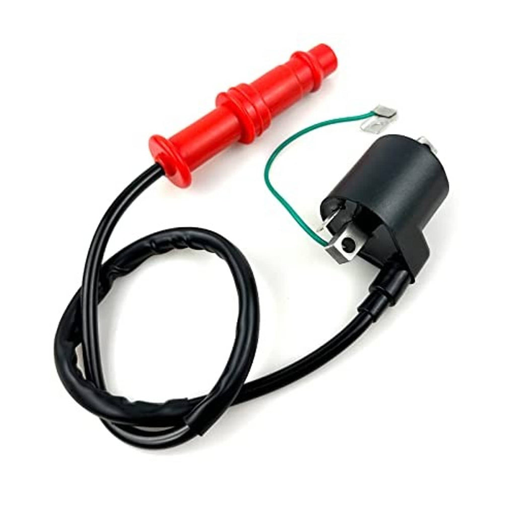 Black ignition coil module with red insulator cap and wiring harness leads