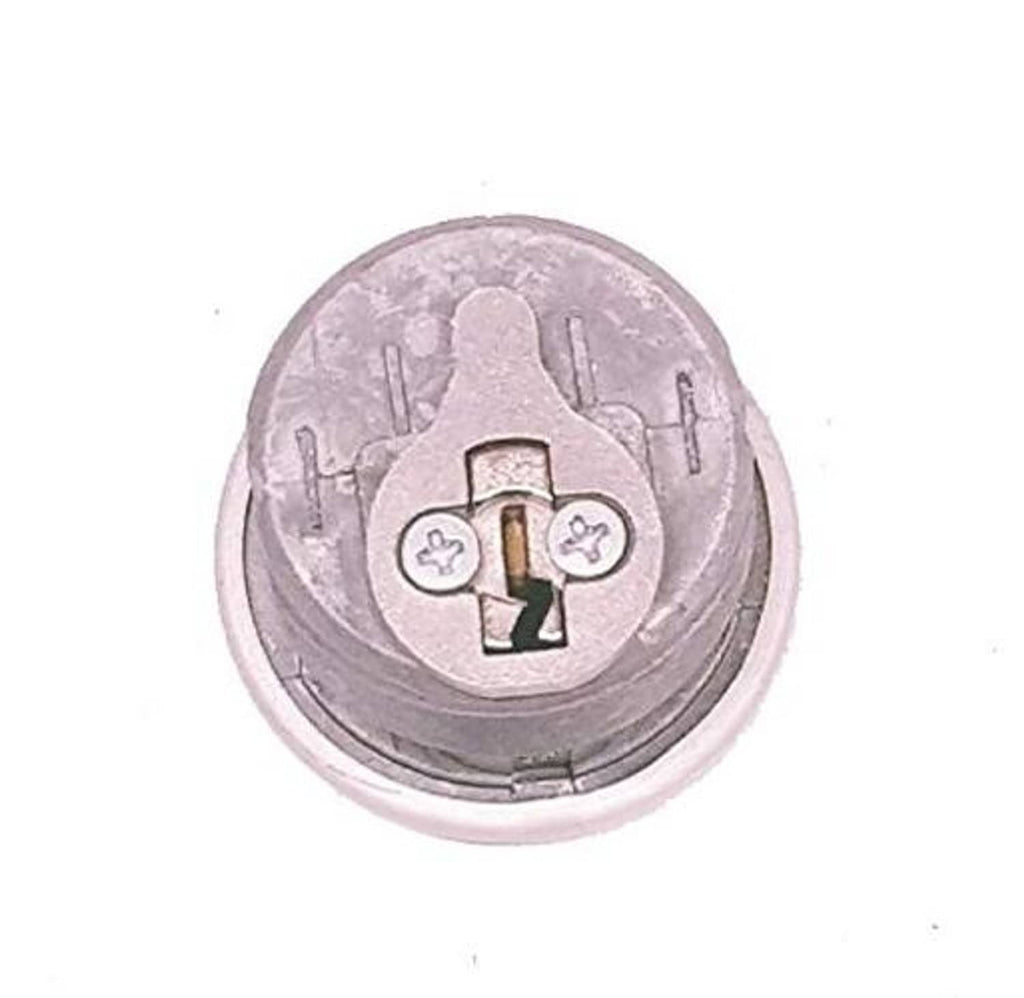 Keyed cylinder lock face close-up with keyway and security icons, metal finish