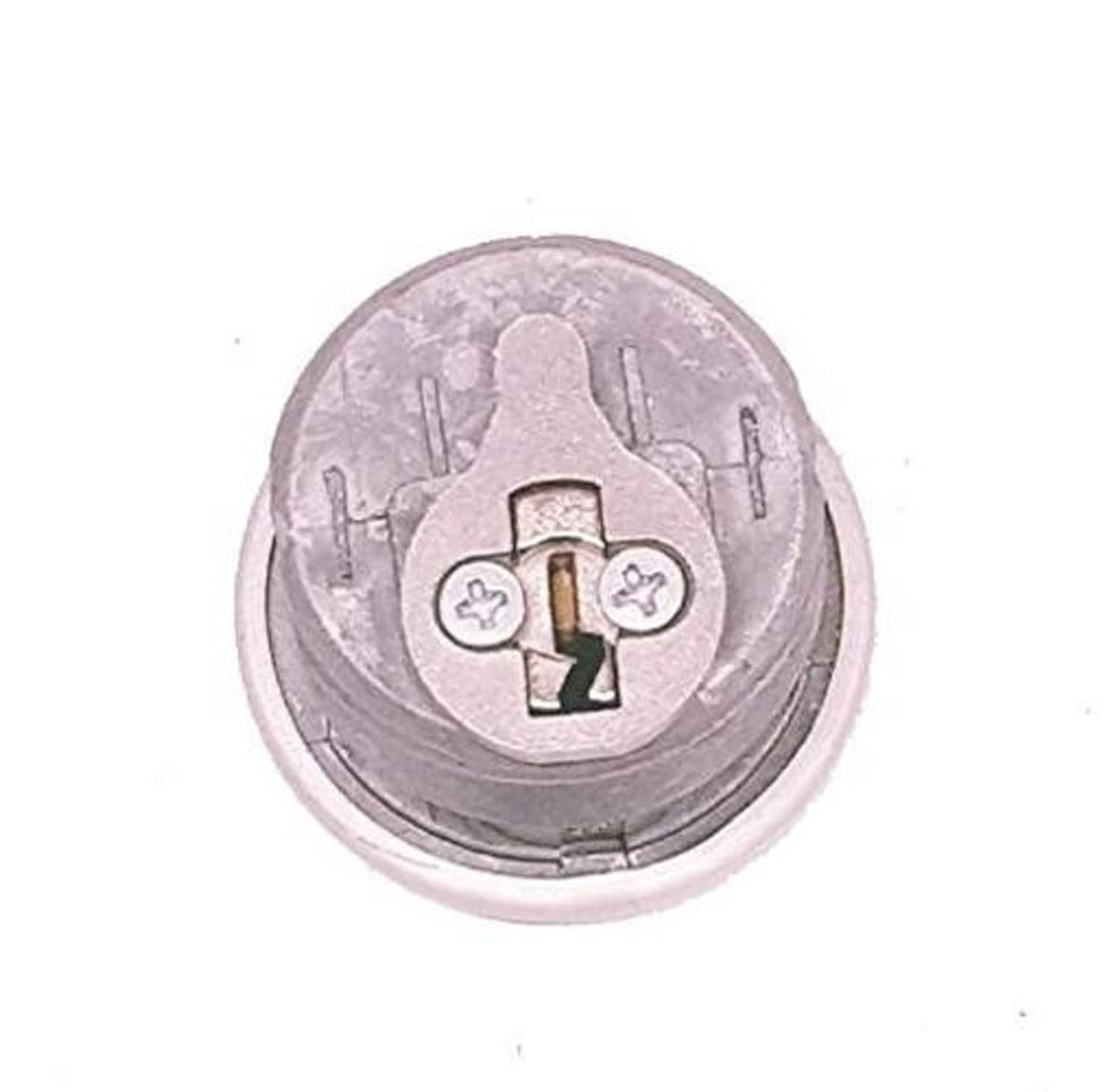 Keyed cylinder lock face close-up with keyway and security icons, metal finish