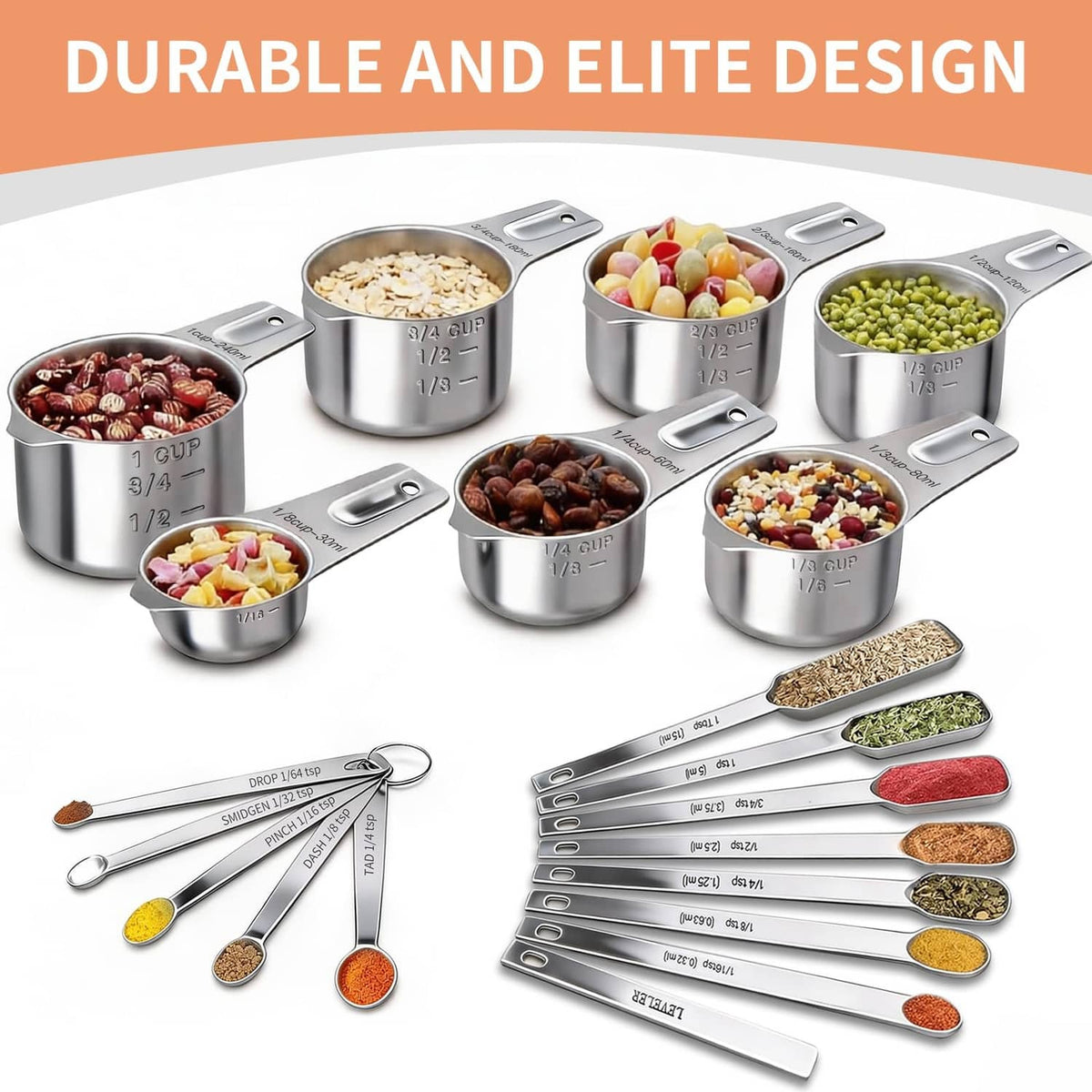 Stainless steel measuring cups and spoons set with engraved measuring lines