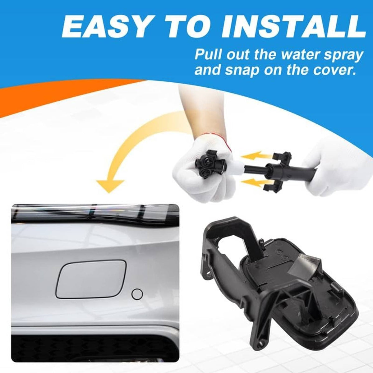 Headlight washer cover holder and spray nozzle parts shown for easy installation