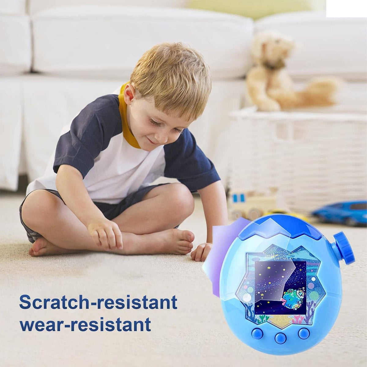 Blue handheld Tamagotchi with screen protector film on display while a child plays
