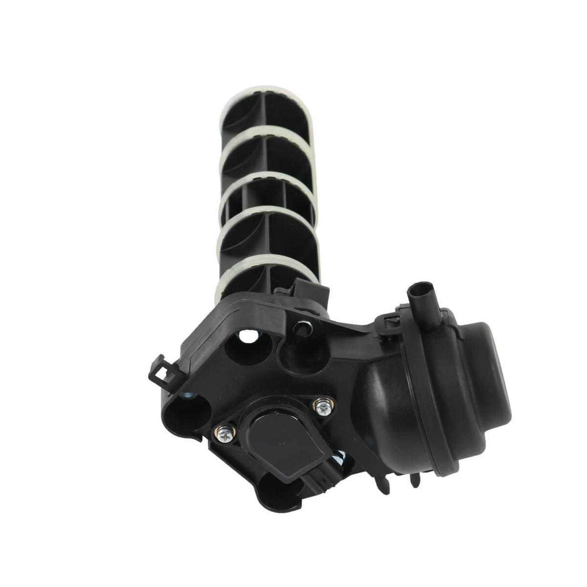 Intake manifold rotary valve assembly end view with black actuator body and ports