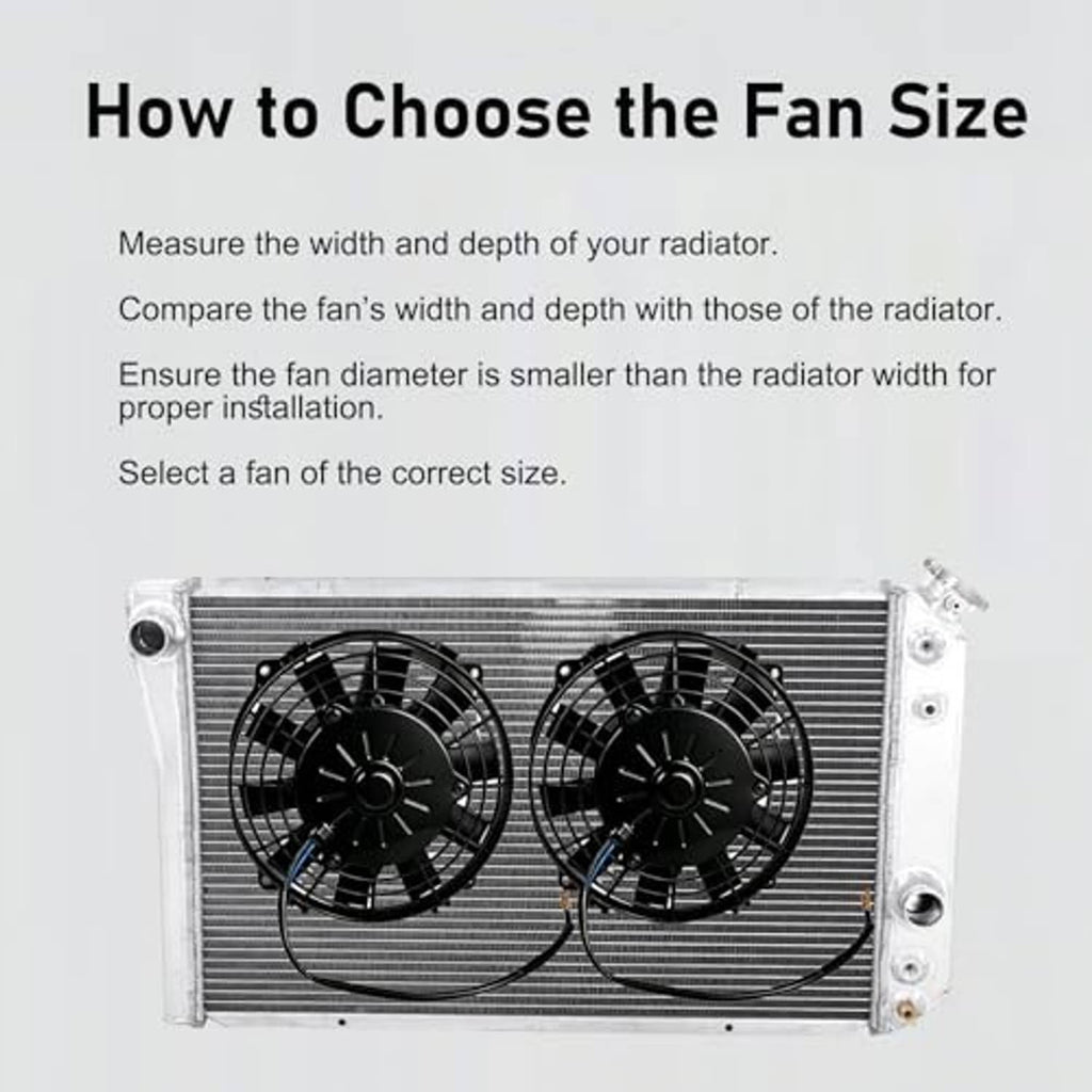 Two black radiator cooling fans mounted on a metal radiator core